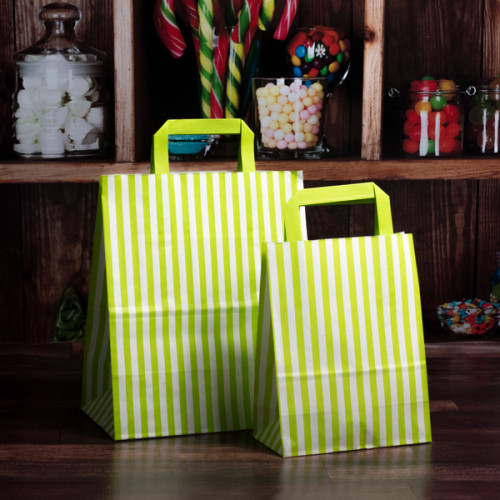 Large 250mm Lime Striped Paper Carrier Bags in packs of 50 bags from